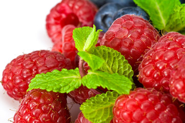 Blueberry and rasperry with mint leaves