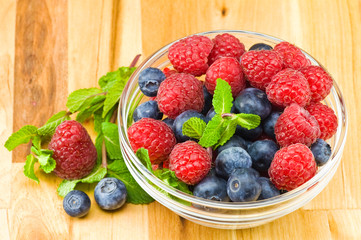 Blueberry, ruspberry and mint leaves