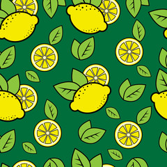 Seamless green pattern with cute lemons
