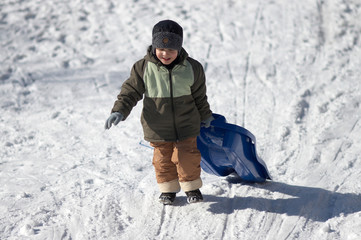 Fototapeta na wymiar The boy is pulling sledges
