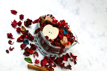 Close up on dried leaves and rose