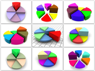 Collage from 9 three-dimensional diagrams. icons.