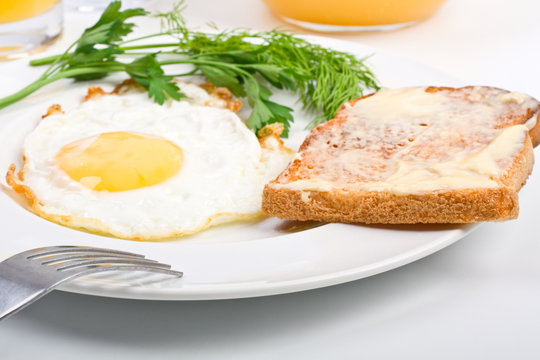 fried egg and a toast close-up on a white plate