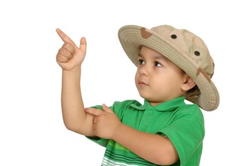 three year odl boy pointing up, isolated on white
