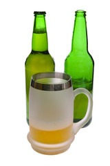 Beer mug and bottle on white background