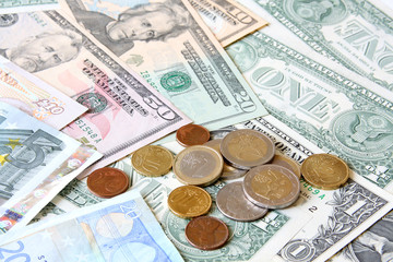 World currencies: U.S. dollars, pounds and euros. Banknotes and