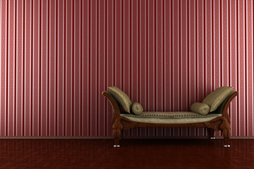 classic sofa in front of red striped wall
