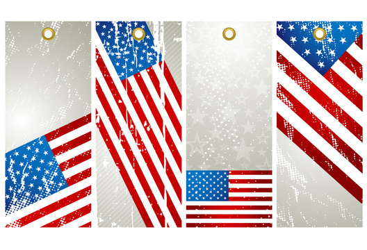 four  labels with elements of usa banner