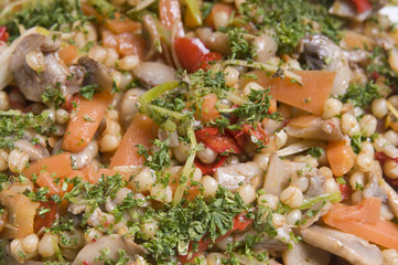Close up of  salad  wheat,paprika,mushrooms,parsley,carrot