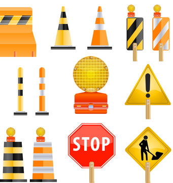 Construction icon set of road Barrier and light