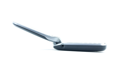 Profile view of the common black and silver cell phone.