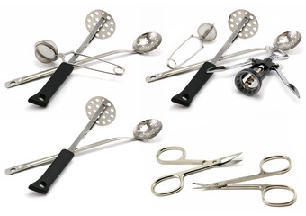 Set of steel tableware isolated