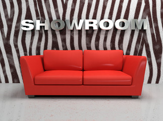 virtual showroom with red sofa and wall with zebra fur