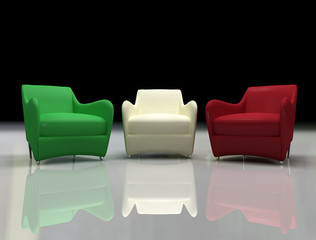 three design armchair with the color of italian flag