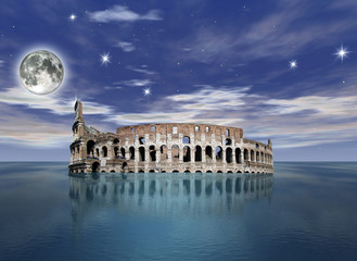 surrealistic view of the colosseum partially sunk in the ocean