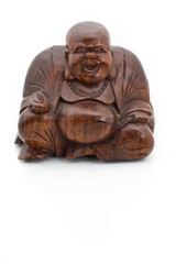 Fototapeta na wymiar Smiling wooden buddha isolated on a white background