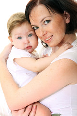 Picture of happy mother with baby over white