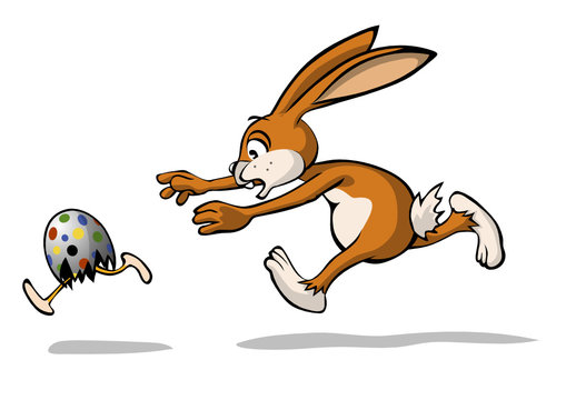 Osterhase jagt laufendes Ei