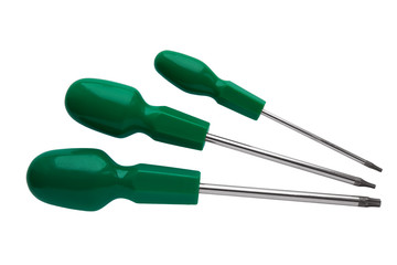 Green hexagonal-type screwdrivers isolated