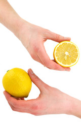 Woman's hands holding citrus fruits (lemon) isolated