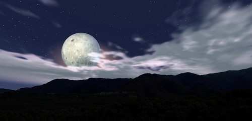montain landscape on blu sky and full-moon -digital artwork