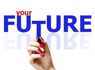 Woman's hand holding the 'your future' words