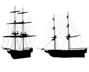 Silhouettes of two old ship on white background