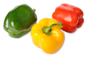 Red, green and yellow paprika isolated on white background