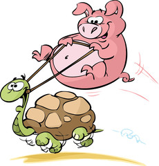 pig riding a turtle