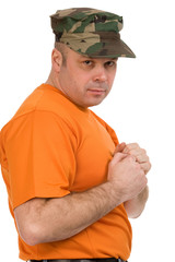 man in orange t-shirt