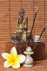 Buddha With Incense Stick And Flower
