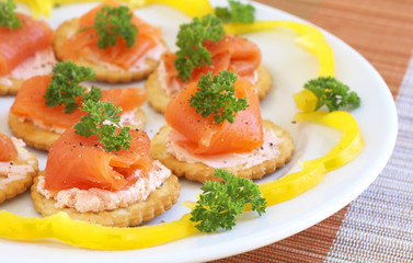 Fototapeta na wymiar Smoked salmon and cream cheese on crackers