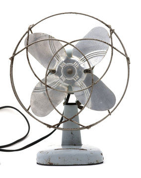 Front view of an all metal antique electric fan