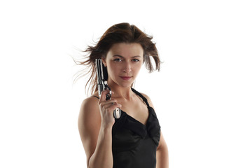 young woman with revolver isolated on white background
