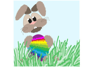 happy fluffy bunny and easter rainbow egg