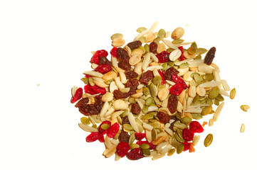 Portion of cranberry raisin trail mix on white