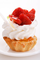 Closeup of cream and strawberries topping