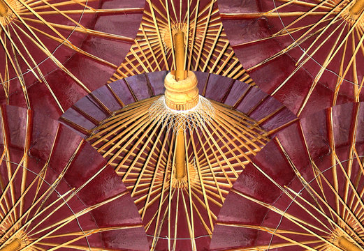 Collage of lacquered paper and bamboo umbrellas