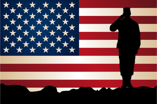 Silhouette of a soldier in front of the American Flag