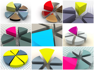 Collage from 9 three-dimensional diagrams. icons.