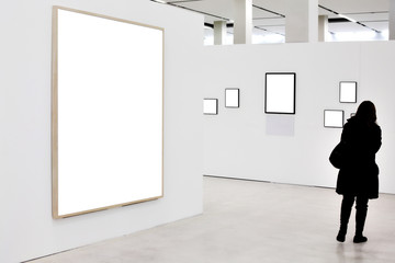Walls in museum with empty frames and person