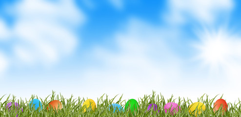 spring meadow and colorful easter eggs