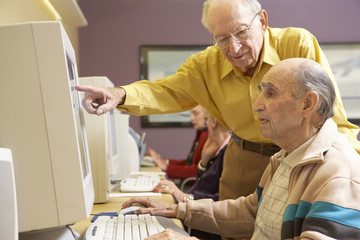 Senior men using computer
