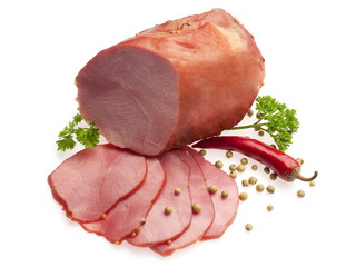 Boiled pork decorated with red Bulgarian pepper and parsley