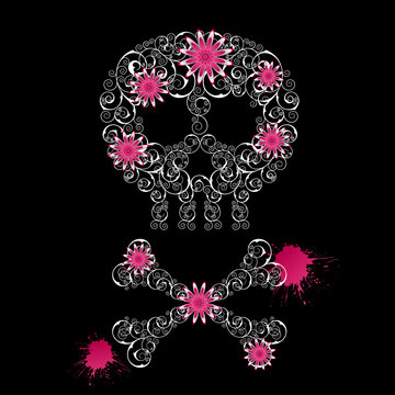 Grunge emo  background with skull and flowers.
