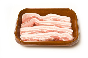 Roasting dish with raw belly pork isolated