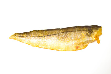 Smoked haddock isolated on a white studio background.