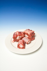 Plate of Ox tail meat on a graduated blue studio background.