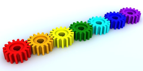 Seven gears from plastic of seven primary colours of a rainbow