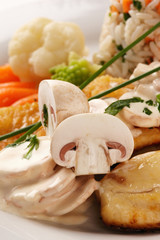 Tilapia-Filet mit Champignon-Ragout und Reis
